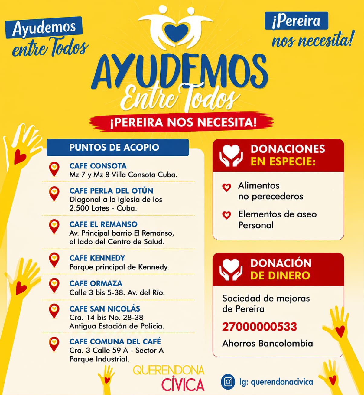 Ayudemos Entre Todos — puntos de acopio en Pereira (Querendona Cívica)