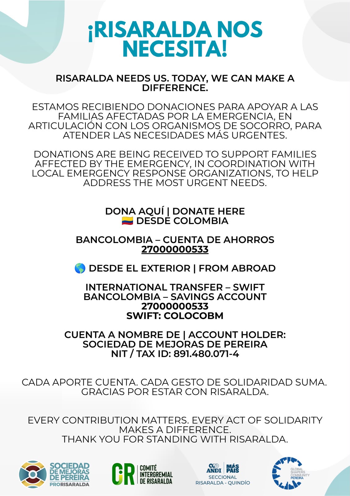 ¡Risaralda nos necesita! — datos de donación de la Sociedad de Mejoras de Pereira